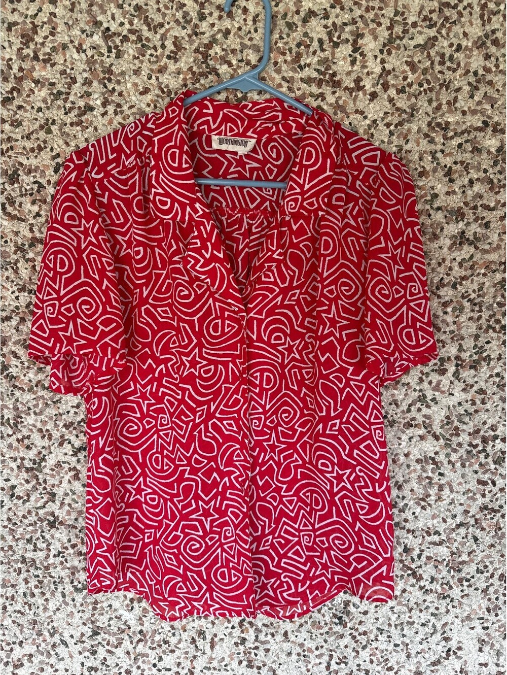 Worthington VTG Red White Abstract Star Sheer Blouse Short Sleeve 10